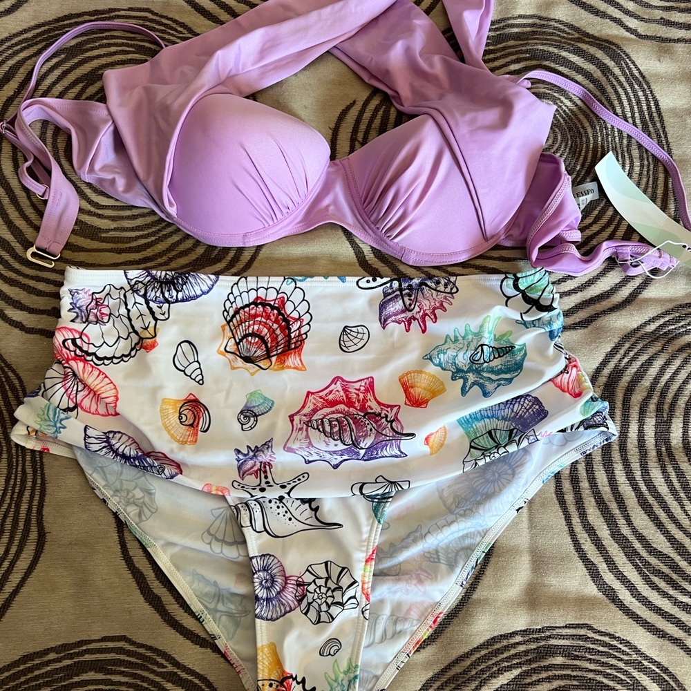 Purple Bikini Top and Seashell Print Bottoms